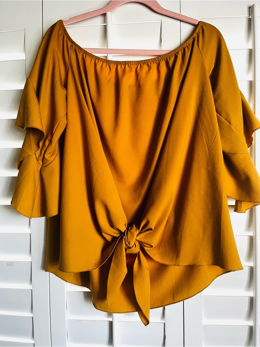 Mustard Tie-Front Off-Shoulder Blouse - Women XL